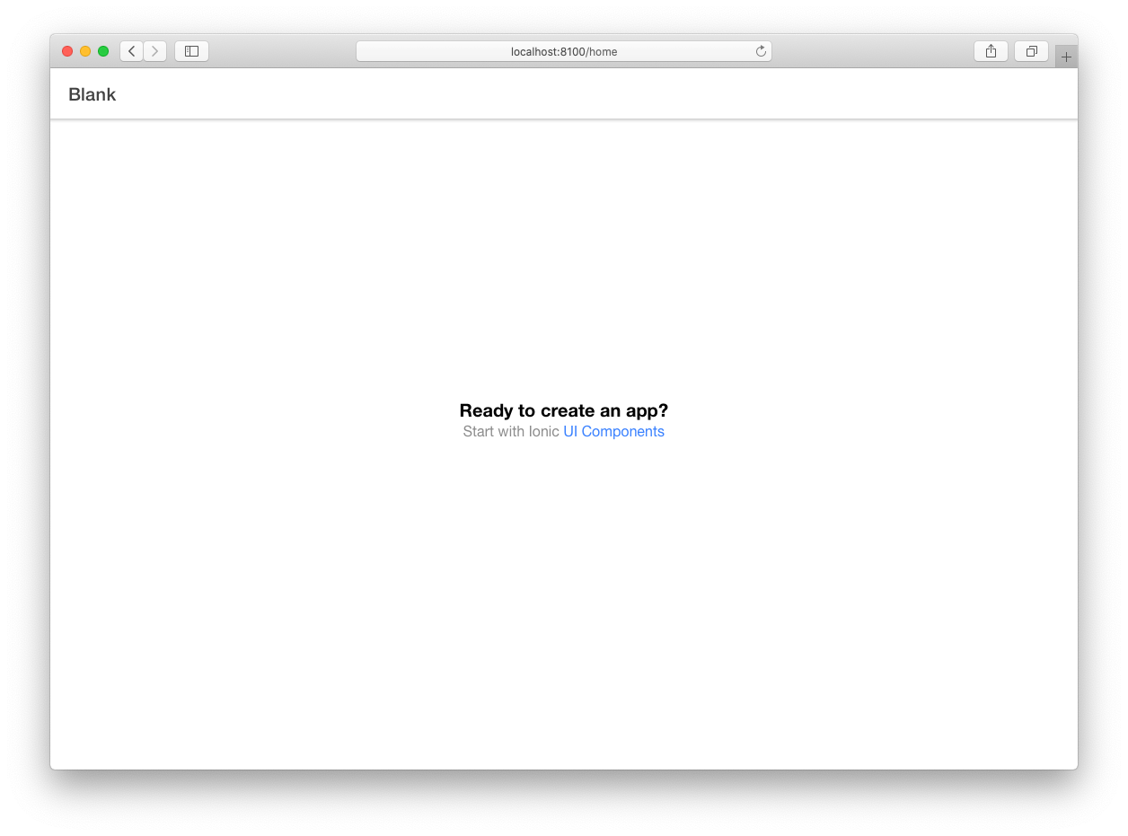 Ionic Vue Home Route Interface A web browser displaying the Ionic Vue home route with a header titled 'Blank' and a message 'Ready to create an app? Start with Ionic UI Components'.
